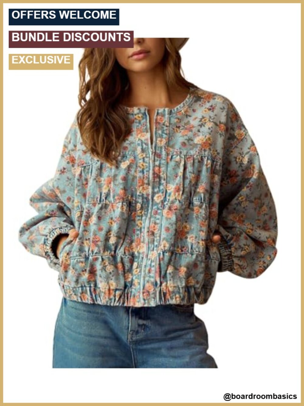 Oversized Floral Denim Jacket Zip Bomber Collarless Jean Jacket
